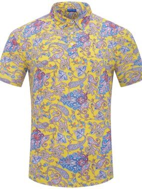 Hreski Men's Yellow Athletic Casual Paisley Golf Short Sleeve Polo Top Shirt